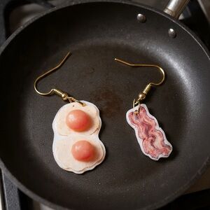Handmade Fried Egg & Bacon Dangle Earrings